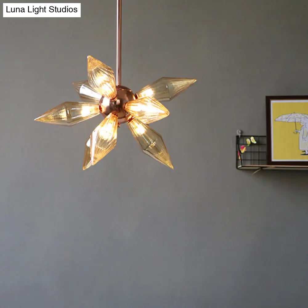 Lámpara colgante moderna de cristal ámbar con forma de diamante, de 9 o 12 brazos, en oro rosa – Ideal para el techo del salón