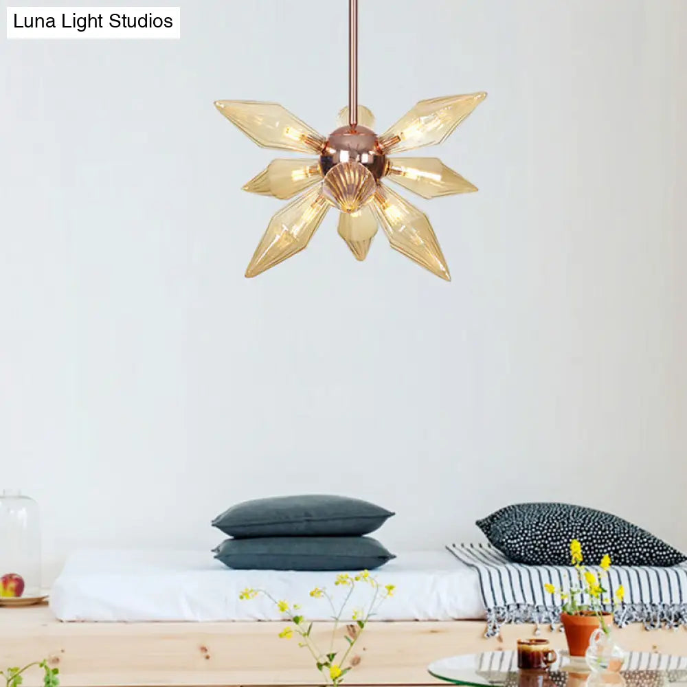Lámpara colgante moderna de cristal ámbar con forma de diamante, de 9 o 12 brazos, en oro rosa – Ideal para el techo del salón
