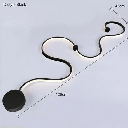 Modern abstract black iron body led wall lamp with sleek curved design and illuminated white light strip for bedroom decorbites iron body