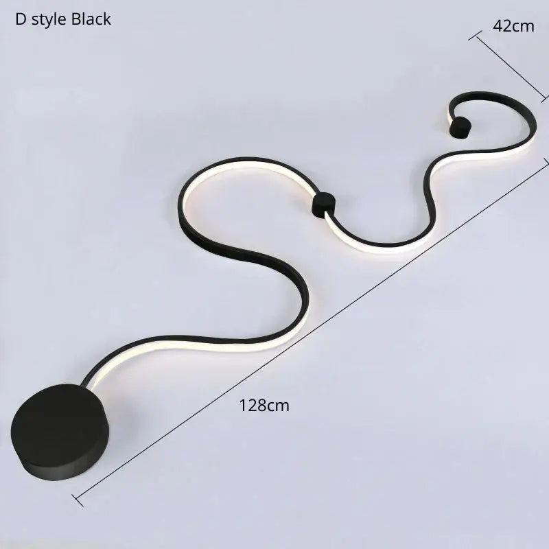 Modern abstract black iron body led wall lamp with sleek curved design and illuminated white light strip for bedroom decorbites iron body