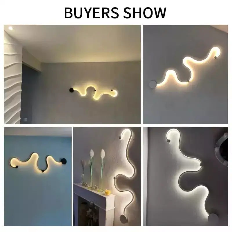 Modern abstract black iron body wall lamp with serpentine design and warm glow for bedroom living room decorbites iron body