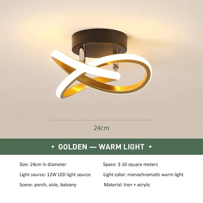 Modern abstract black and white led ceiling light with a sleek intertwined golden and white acrylic decorbites led ceiling design