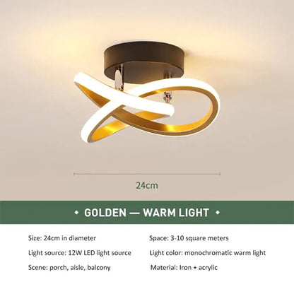 Modern abstract black and white led ceiling light with a sleek intertwined golden and white acrylic decorbites led ceiling design