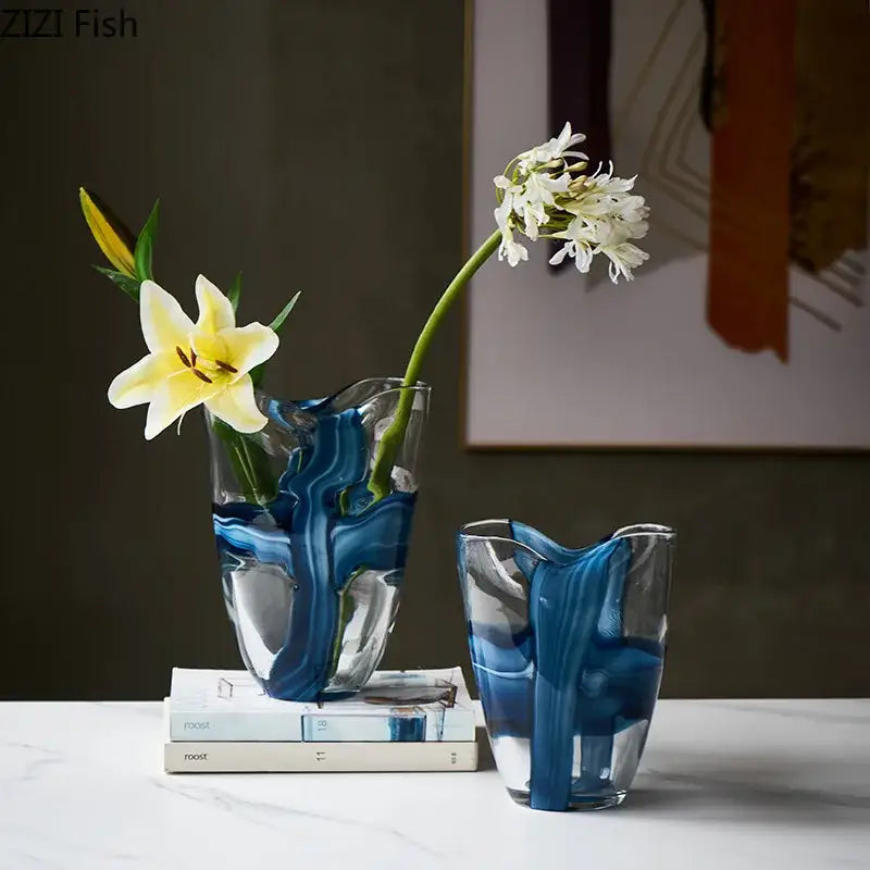 Modern abstract blue striped glass vase with clear swirling patterns for living room decor by decorbites blue striped