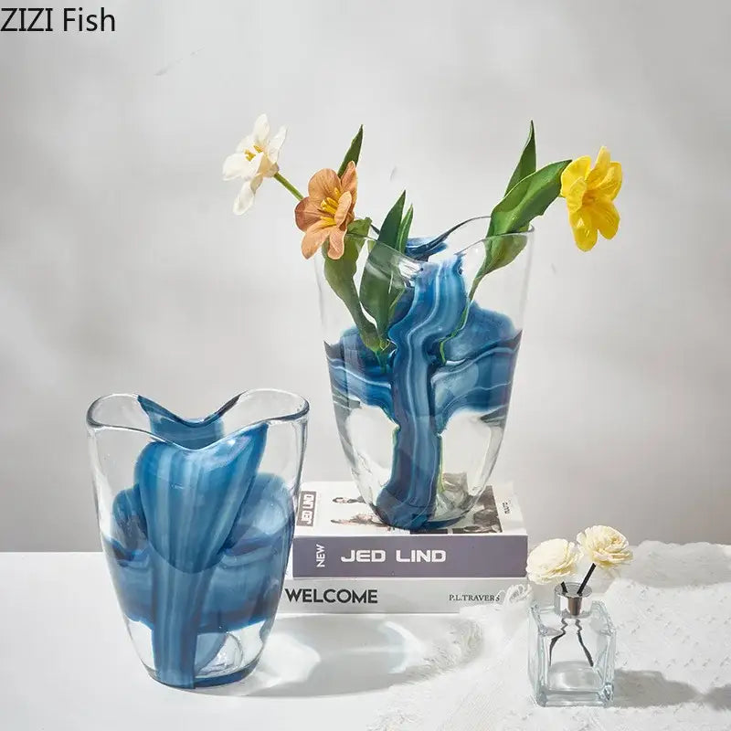 Modern abstract blue striped glass vase with clear accents and sculptural design for living room decorbites decor