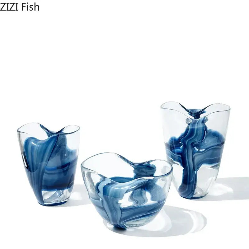 Set of three translucent glass vases with flowing blue striped swirls and organic wavy edges for modern decorbites decor