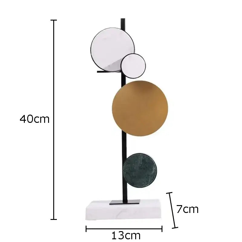 Modern abstract circular marble sculpture with white gold and dark green discs on marble base decorbites circular marble desk decor