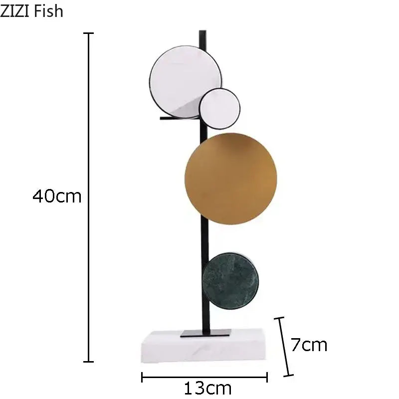 Modern abstract circular marble sculpture with white gold and dark green discs on brass rod for living room decorbites circular marble decor
