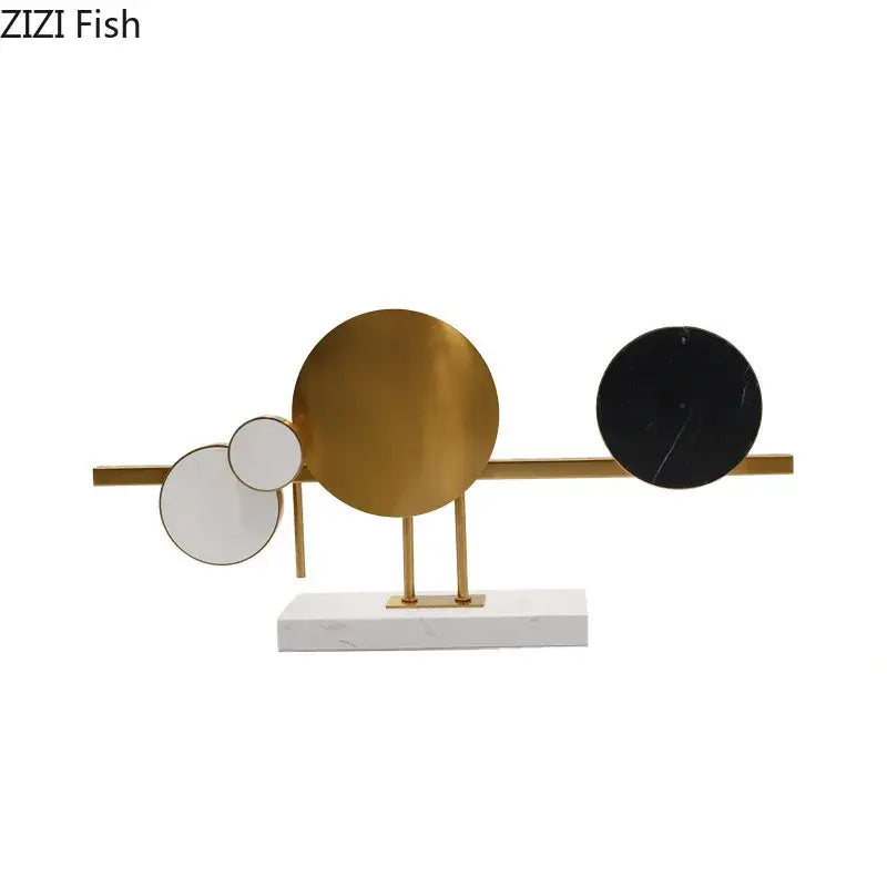 Modern abstract circular marble sculpture with gold brass frame and discs for decorbites circular marble desk decor