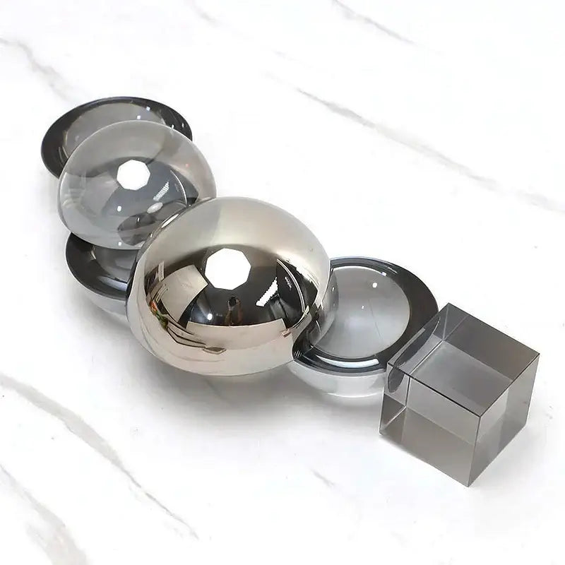 Modern abstract geometric crystal ornaments ring sculpture with shiny metallic spheres and transparent cube decorbites geometric crystal