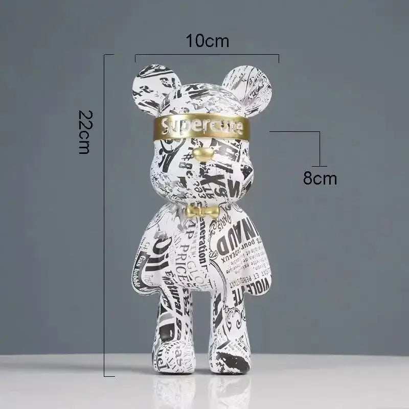 Modern abstract graffiti bear figurine in white and black with gold band and supercute lettering for home decor by decorbites