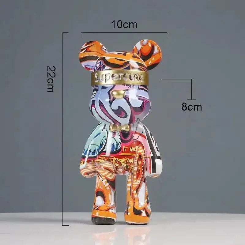 Modern abstract graffiti bear figurine 22cm tall with glossy orange purple blue and white finish for home decor