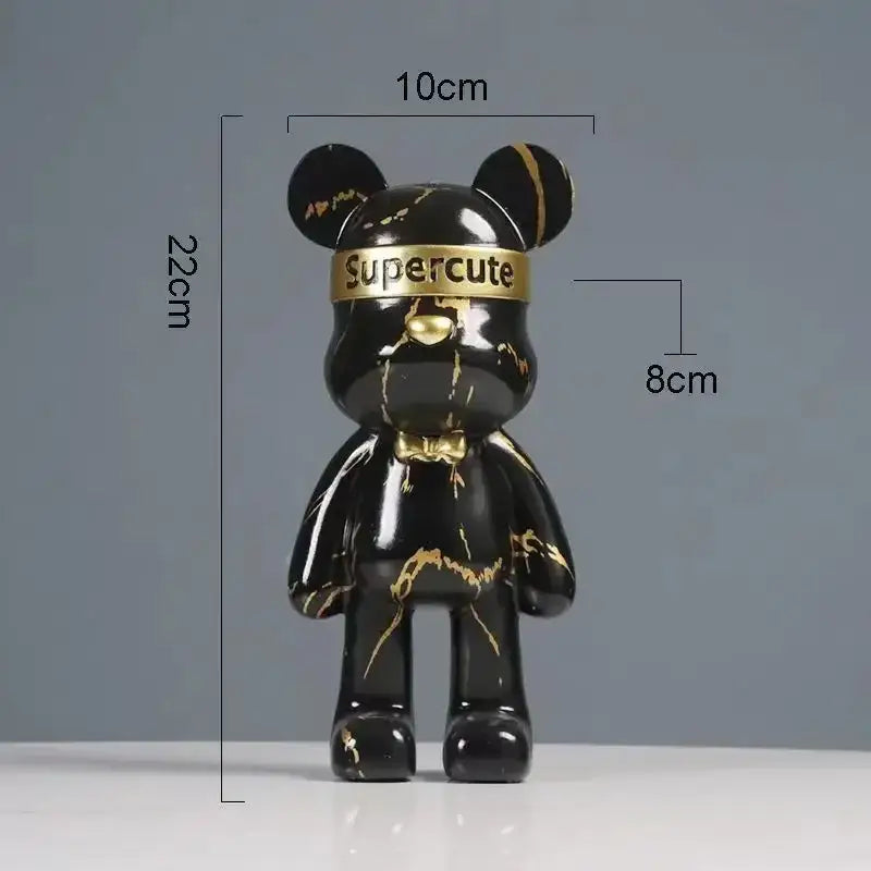 Black bear figurine with gold marble streaks and golden supercute band and bow tie for modern home decor by decorbites graffiti bear