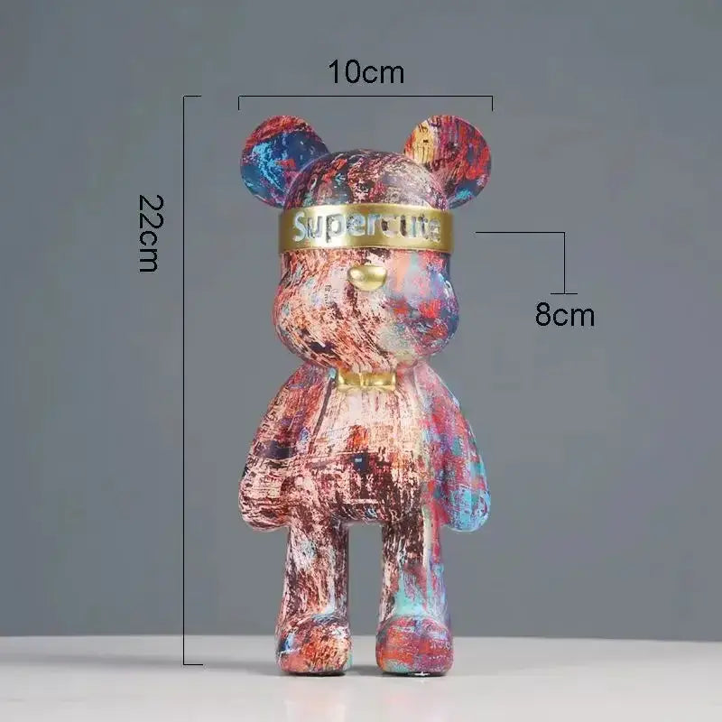 Modern abstract graffiti bear figurine 22cm tall with vibrant reds blues browns and gold bands for home decor