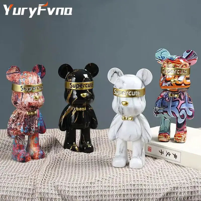Four colorful stylized bear figurines with gold supercute bands for modern abstract graffiti home decorbites bear decor