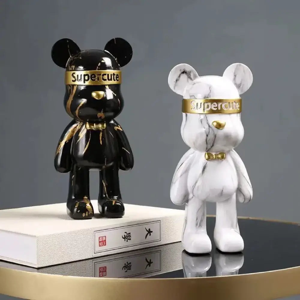 Modern abstract graffiti bear figurine in black and white marble with gold accents and supercute bands for home decor