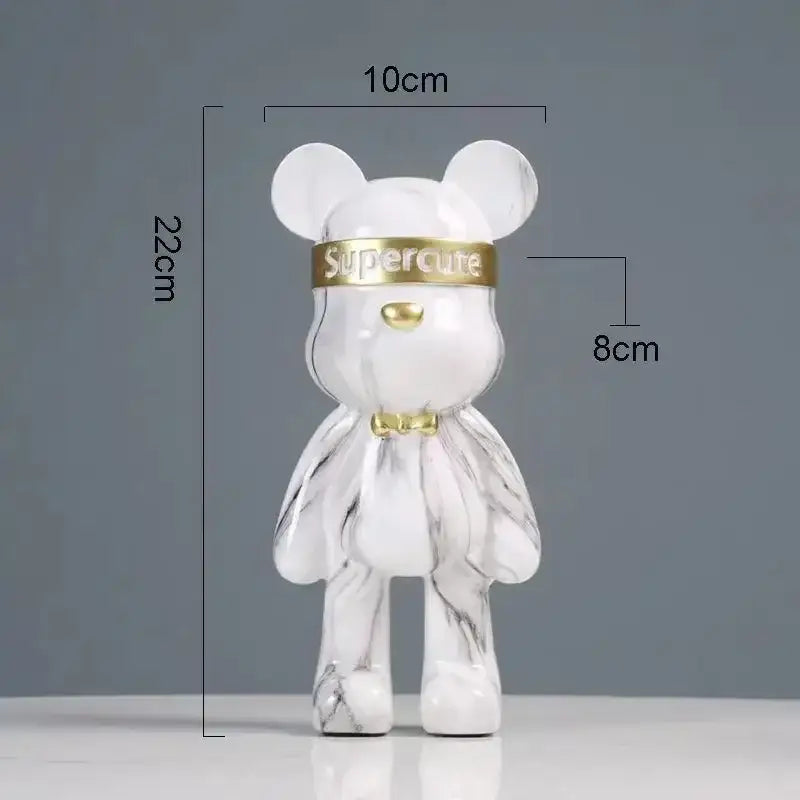 Modern abstract graffiti bear figurine in white marble pattern with gold accents and supercute band home decor decorbites graffiti bear