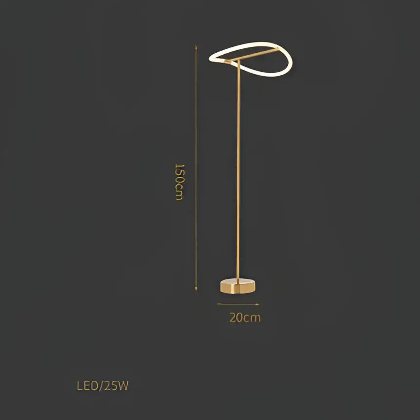 Gold-finished led floor lamp with sleek curved fixture and slender stem complements decorbites lines chandelier lighting