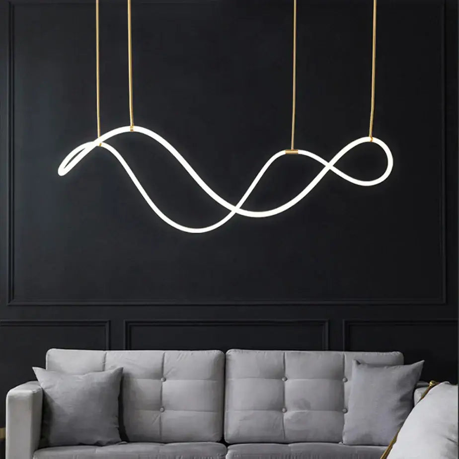 Modern abstract white and gold lines chandelier with sleek wave design and gold-toned cords for dining room decorbites lines chandelier