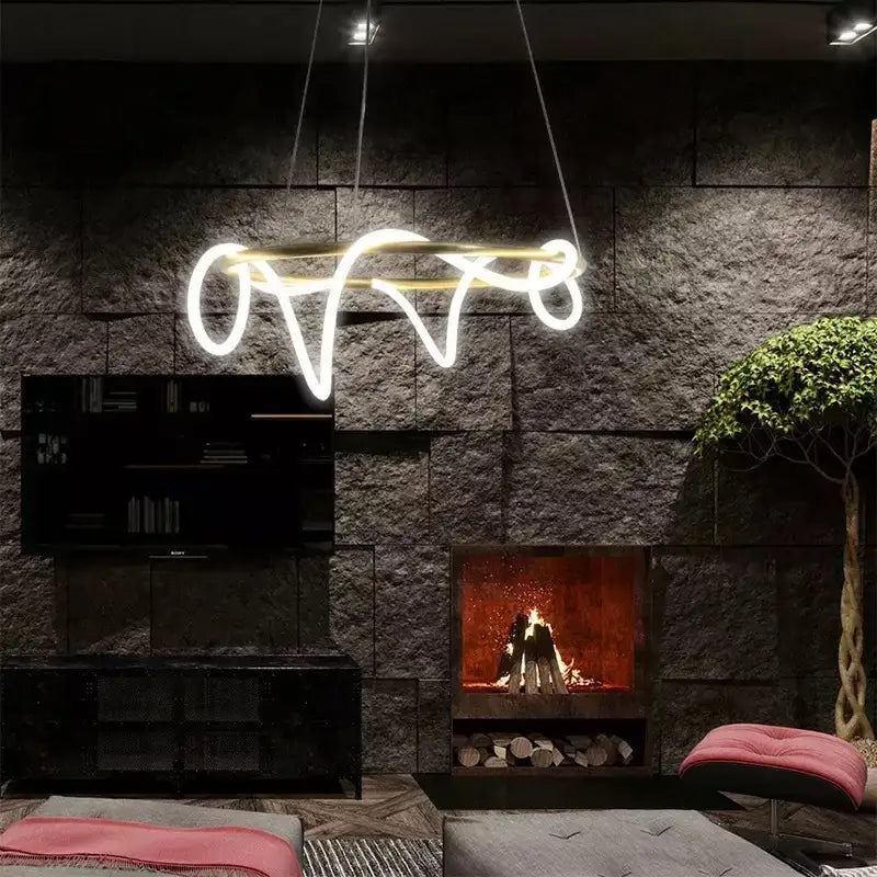 A modern abstract white and gold lines chandelier with glowing curved neon light fixture for dining room decorbites lines chandelier