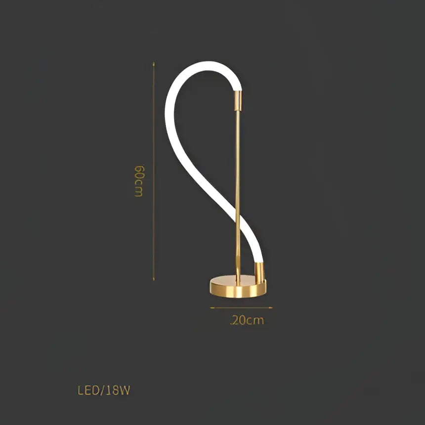 A sleek modern led table lamp with a curved white neon tube and gold metal base for decorbites lines chandelier decor