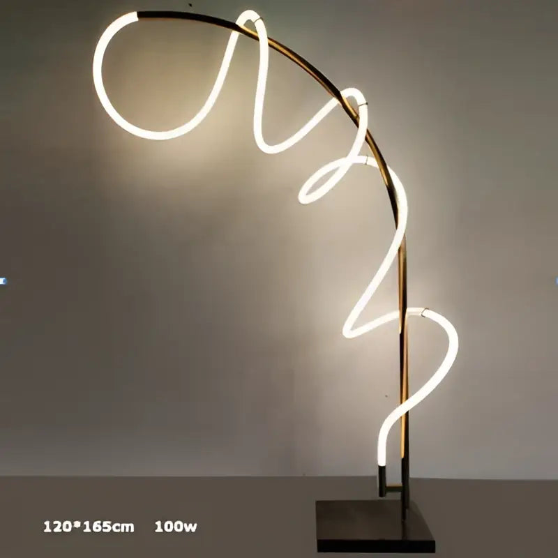Modern abstract white and gold lines chandelier featuring a curved neon light with warm white glow and polished brass frame decorbites lines chandelier