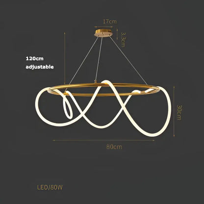 Gold-toned led decorbites lines chandelier with sleek modern intertwined circular light strips for dining room decor