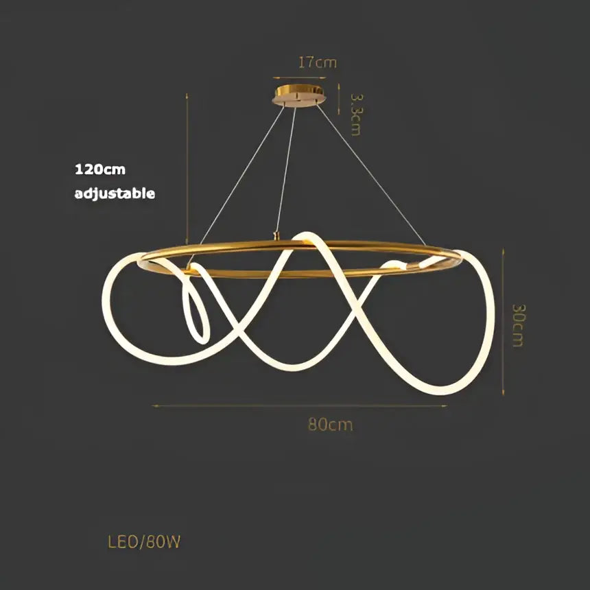 Gold-toned led decorbites lines chandelier with sleek modern intertwined circular light strips for dining room decor