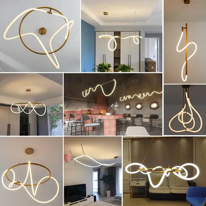 Modern gold-toned led pendant light with flowing abstract neon tubing in decorbites lines chandelier design