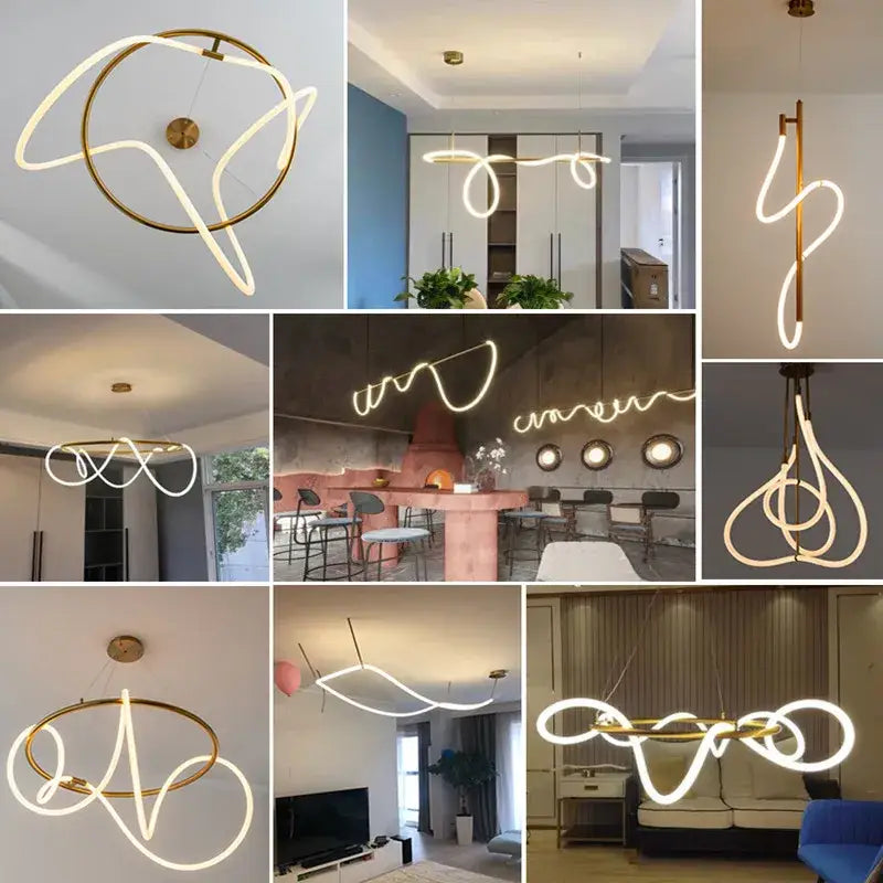 Modern gold-toned led pendant light with flowing abstract neon tubing in decorbites lines chandelier design