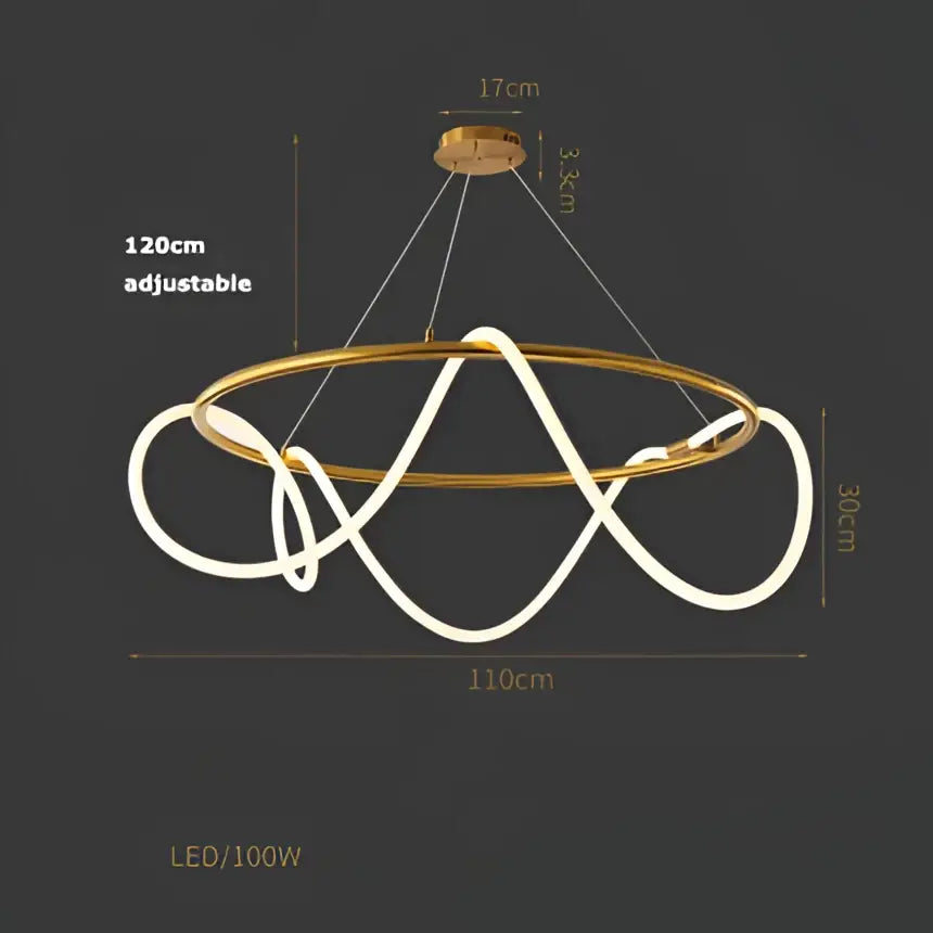 Modern gold-toned led decorbites lines chandelier with white illuminated intertwined circular design for dining room decor