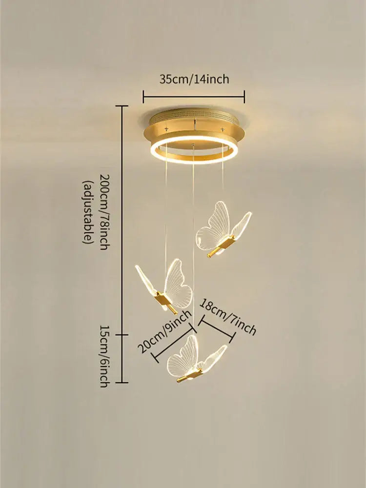 Gold-toned modern acrylic butterfly led chandelier with three translucent butterfly led pendants for bedroom decorbites butterfly led lighting