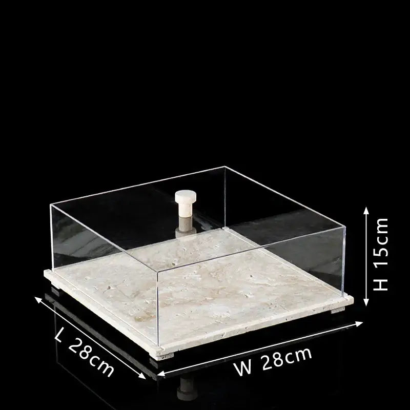 Modern acrylic display case with clear acrylic body and white travertine base for elegant dining room presentation