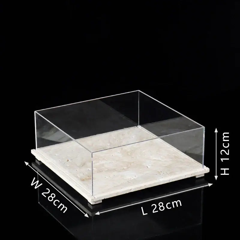 Modern acrylic display case with clear acrylic display case and beige travertine base for dining room use
