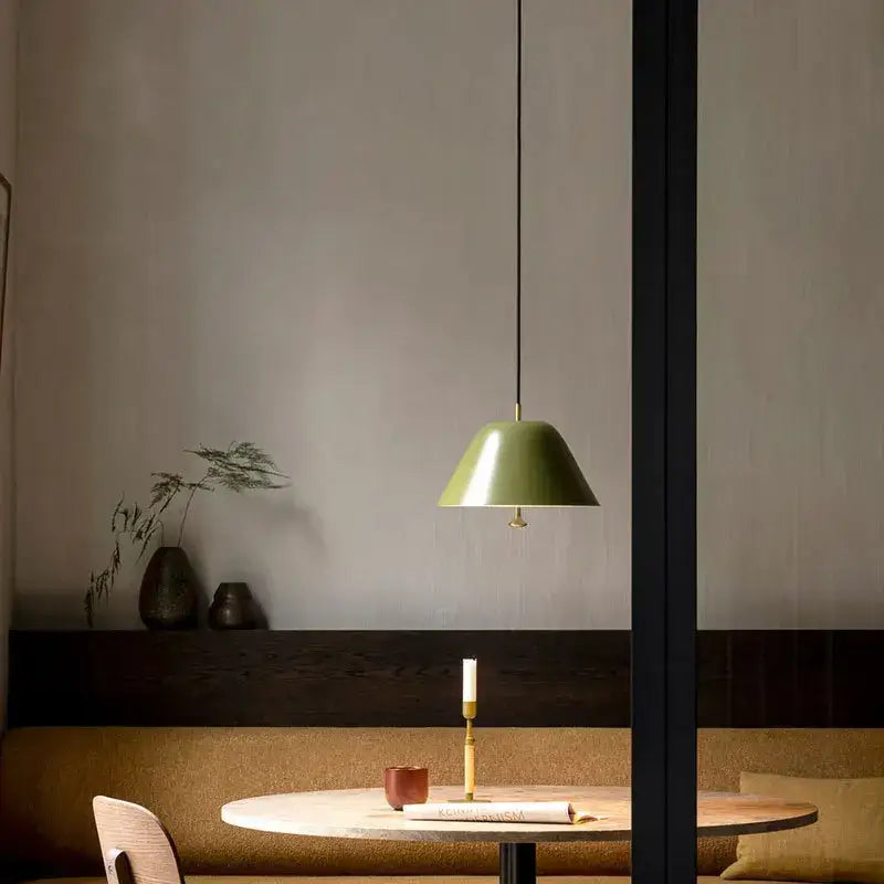 A sleek olive-green acrylic green dimmable pendant lamp with minimalist conical shade for kitchen and dining room decorbites
