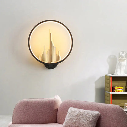 DecorBites™ DecorBites™ Modern Acrylic Halo-Ring LED Sconce Light in Black/White with Mountain Pattern - Warm Lighting