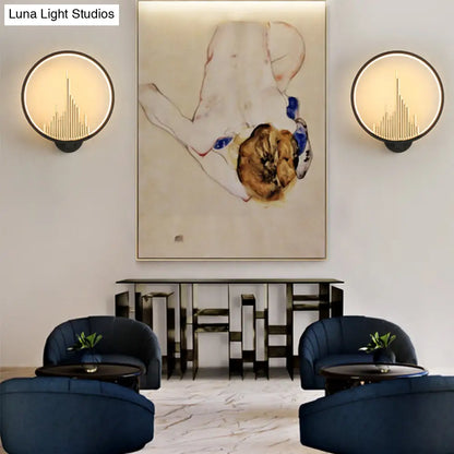 DecorBites™ DecorBites™ Modern Acrylic Halo-Ring LED Sconce Light in Black/White with Mountain Pattern - Warm Lighting