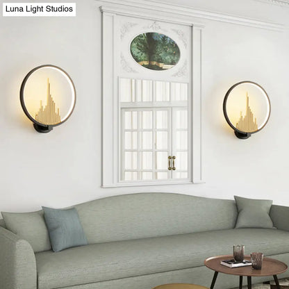 DecorBites™ DecorBites™ Modern Acrylic Halo-Ring LED Sconce Light in Black/White with Mountain Pattern - Warm Lighting