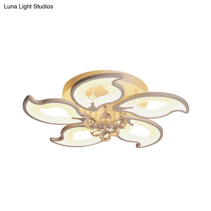 DecorBites™ DecorBites™ Modern Acrylic Leaf-Shape Semi Flush Ceiling Light with Crystal Orb Deco - 5 White LED Heads