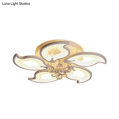 DecorBites™ DecorBites™ Modern Acrylic Leaf-Shape Semi Flush Ceiling Light with Crystal Orb Deco - 5 White LED Heads
