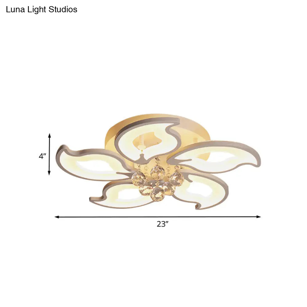 DecorBites™ DecorBites™ Modern Acrylic Leaf-Shape Semi Flush Ceiling Light with Crystal Orb Deco - 5 White LED Heads
