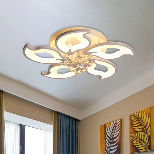 DecorBites™ DecorBites™ Modern Acrylic Leaf-Shape Semi Flush Ceiling Light with Crystal Orb Deco - 5 White LED Heads