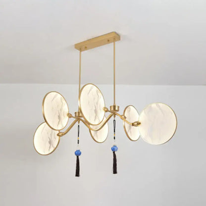 DecorBites™ modern acrylic led island lamp with gold tones six marble-effect shades and blue tassels for tearooms