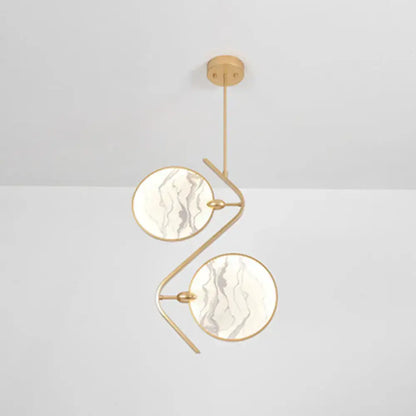 Gold-toned decorbites™ circular fan island lamp with modern acrylic led circular marble-patterned glass shades suspended