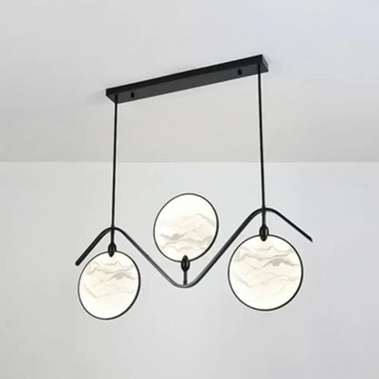 Modern acrylic led black metal island lamp with three circular marble-effect glass shades in asymmetrical design