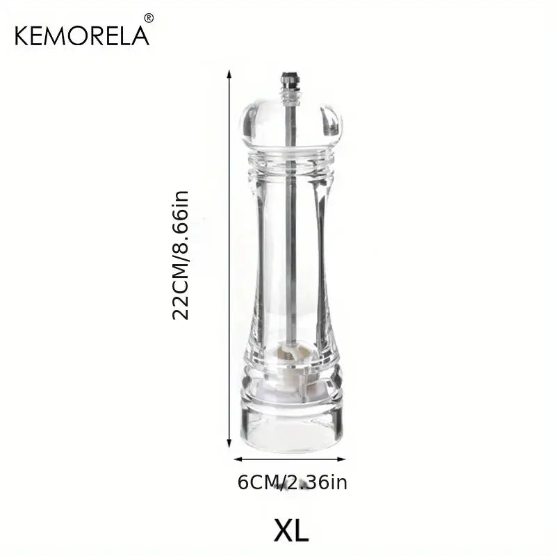 Clear glass acrylic manual pepper grinder by kemorela with metallic top and base for modern kitchen decorbites use