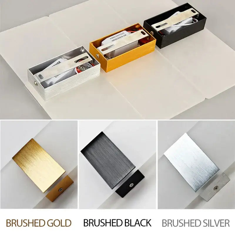 Modern acrylic touch sensor led wall lamp with brushed metal rectangular sconce in gold black and silver finishes