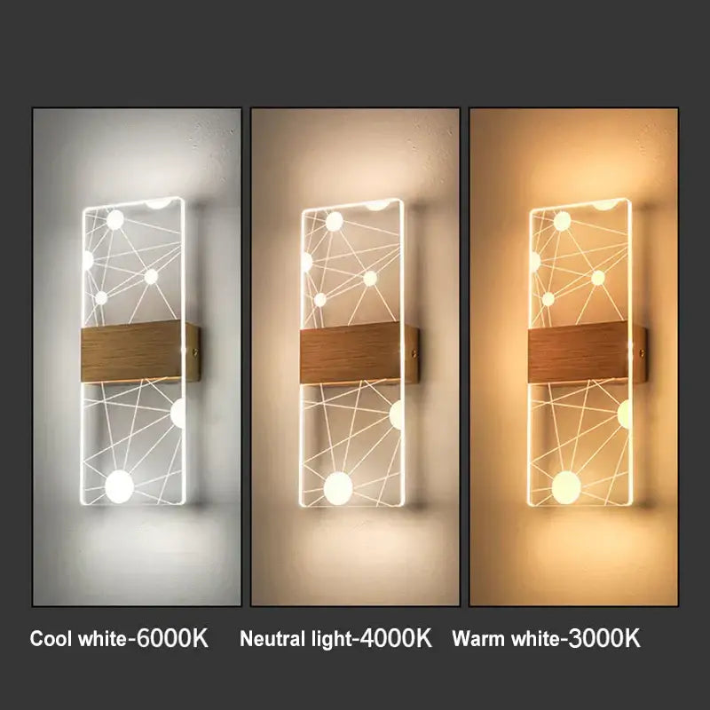 Modern acrylic touch sensor led wall lamp with wooden accent and geometric illuminated led wall sconce for bedroom use