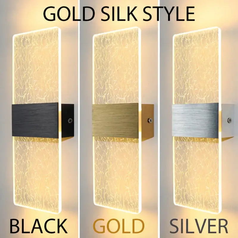 Modern gold silk style led wall lamp with touch sensor and textured translucent acrylic panel with metallic accent band