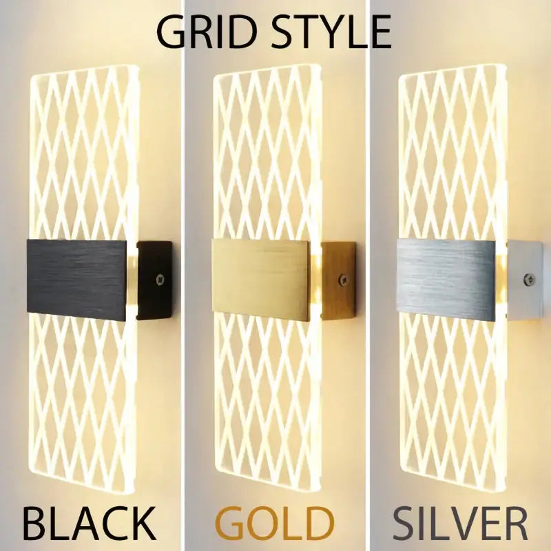 Modern acrylic touch sensor led wall lamp bedroom sconce with grid-style black gold and silver finishes